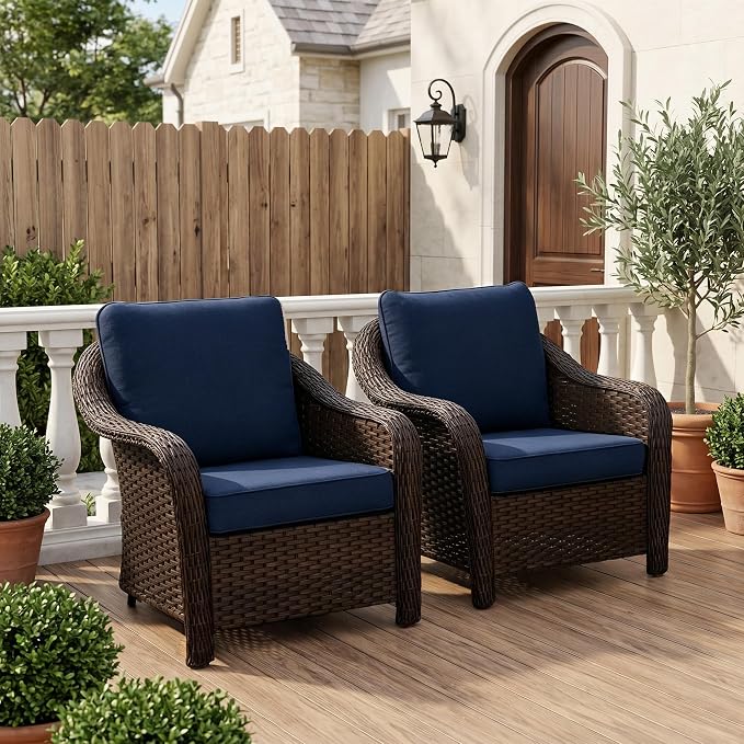 Outdoor Wicker Chair Set of 2, All-Weather Use Patio Rattan Chair with Seat and Back Cushion, Ideal for Porch, Backyard, Balcony, Poolside, Blue