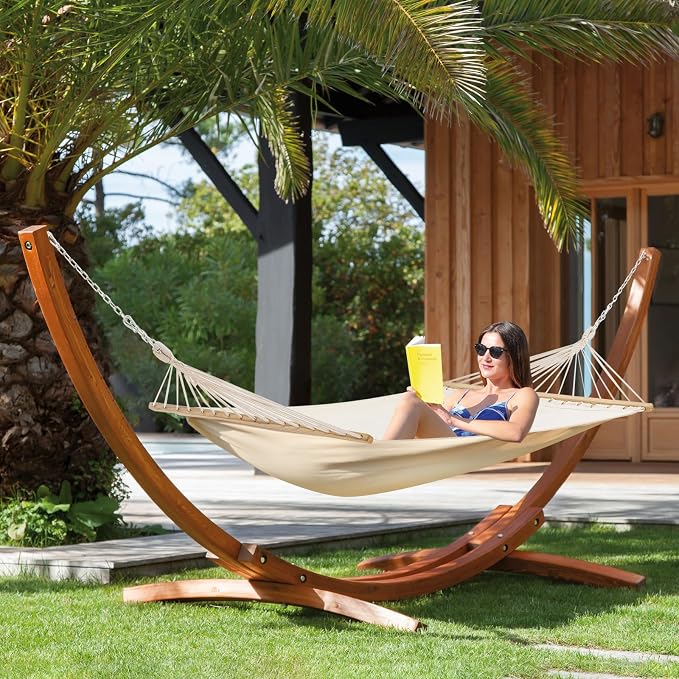 ECOTOUGE 14 FT Wooden Hammock with Stand, Outdoor Double Hammock with Wood Stand 2 Person Heavy Duty Hammock and Stand for Outside Backyard, Balcony, Porch, Patio, Garden, 550 lbs Capacity, White