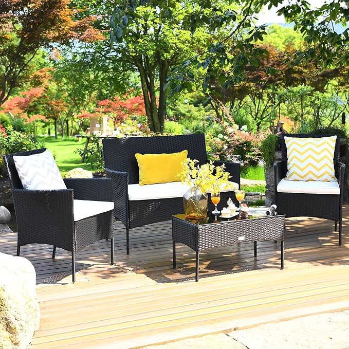 COSTZON HOMGX 4 Pieces Patio Furniture Set, Rattan Wicker Conversation Set w/Tempered Glass Top Table & 3 Cushioned Porch Chairs, Outdoor Wicker Sofa Set for Backyard, Garden, Poolside (Beige)