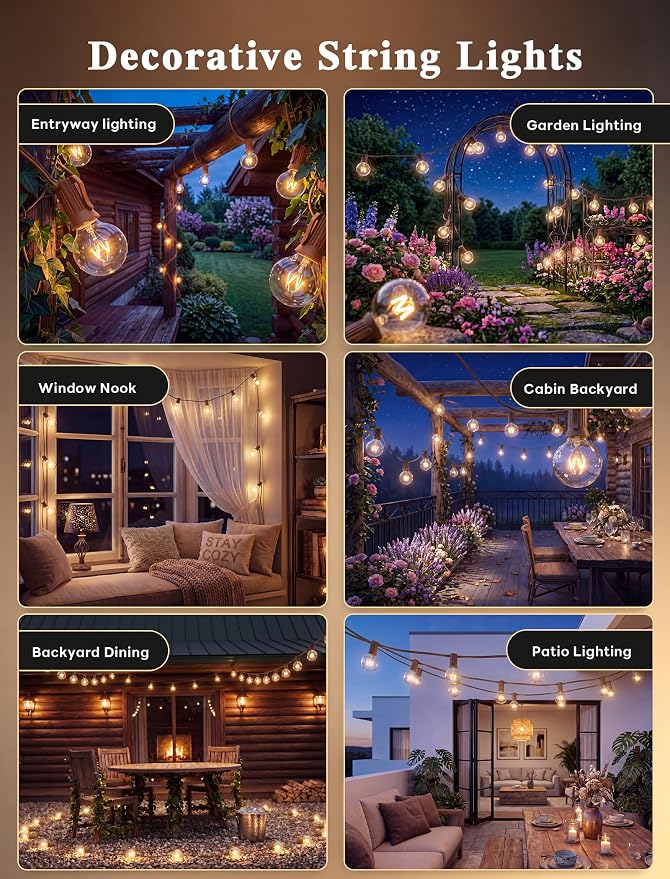 50Ft Outdoor Patio String Lights with 53 Clear Globe G40 Bulbs,UL Certified | Brown Wire Waterproof Patio Lights for Porch Backyard Deck Bistro Gazebos Pergolas Balcony Wedding