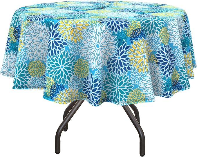 DYTXIII Outdoor Round Tablecloth with Umbrella Hole 60 Inch, Water Repellent & Fade Resistant Table Cover, All Weather Outdoor Tablecloth for Garden & Party Table, Dahlia Blue