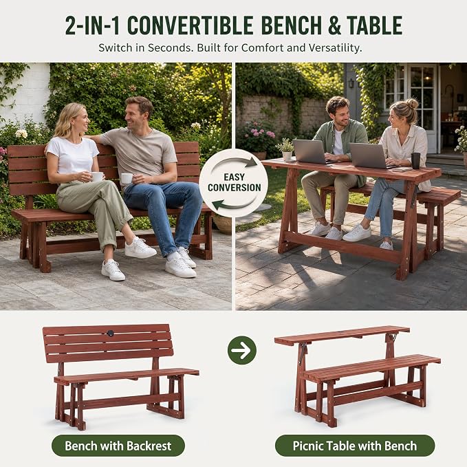 2-IN-1 Convert A Bench Picnic Table Wood Bench to Table With Umbrella Hole | Convertible Wood Bench with Backrest,Foldable Space Saving,Easy to Assemble &Clean,Portable, Ideal for Patio, Porches, Garden