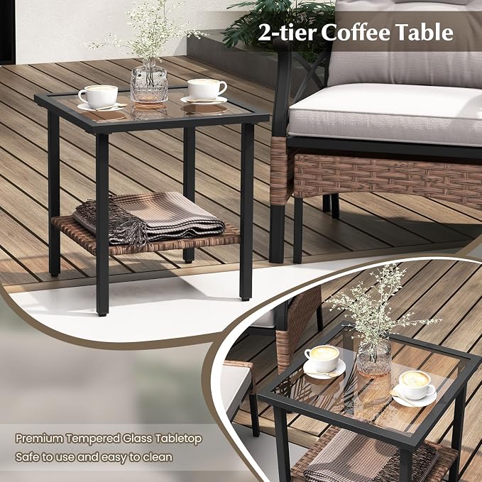 Tangkula 5 Pieces Wicker Patio Furniture Set, Outdoor Rattan Chairs with Ottomans, Cushions and 2-Tier Tempered Glass Side Table, Patio Conversation Bistro Set for Garden, Porch, Balcony