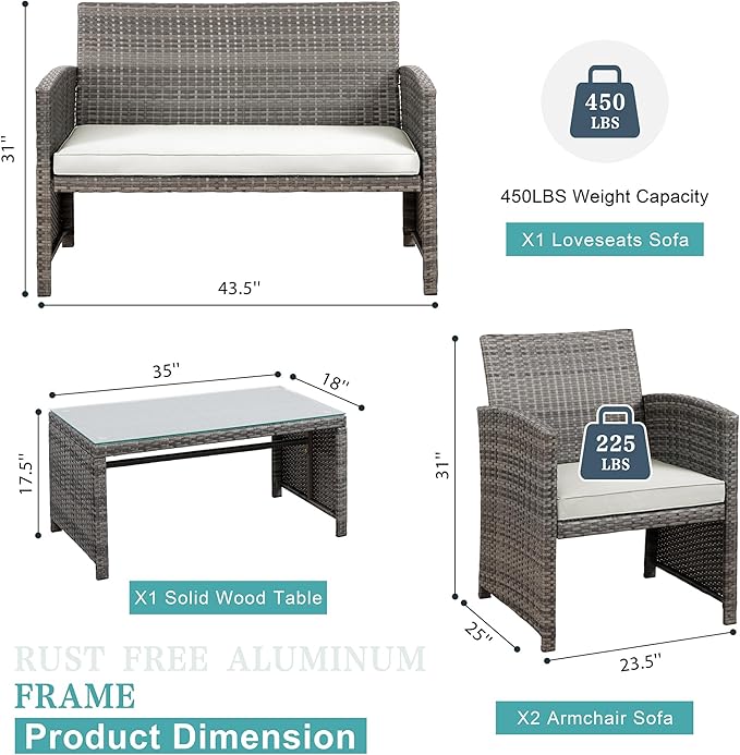 SUNLEI Patio Furniture Set 4 Piece Outdoor Furniture Set, PE Rattan Wicker Patio Conversation Set with Cushions & Glass Coffee Table, Backyard Patio Seating for Balcony Porch Garden Poolside, White