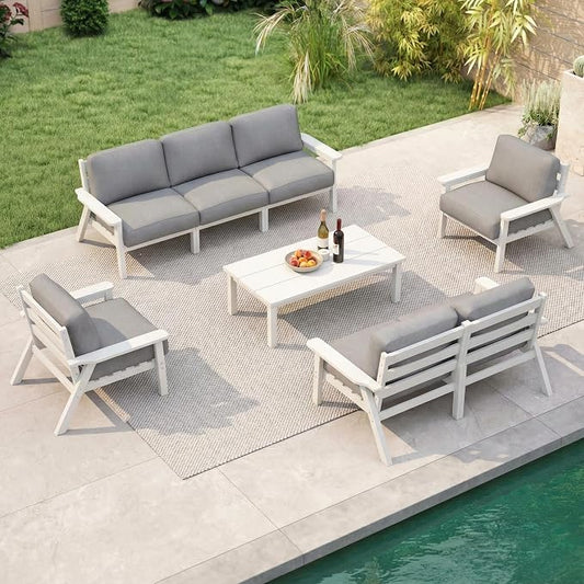 7 Piece Patio Furniture Set, HDPE Outdoor Sectional with Gray Washable Thick Cushions, Coffee Table, Patio Conversation Sets for Lawn, Garden, Porch, Balcony (White Frame)