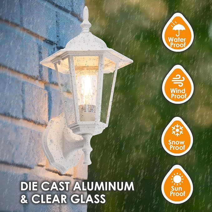 GRUENLICH Outdoor Wall Light Fixture, Rustproof Aluminum, Glass | Exterior Porch Light Wall Sconce Lantern for House, Patio, Garage, Waterproof, E26 Socket 60W Max, White, 2 Pack