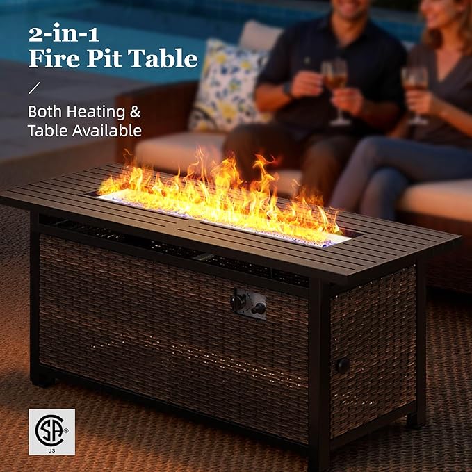 HERA'S HOUSE 8-Piece Outdoor Furniture Set with Fire Pit Table, Patio Conversation Set with 5.5-Inch Thick Cushions & High Back Swivel Chairs, All-Weather Wicker Deep Seating Sofa with Ottomans, Blue