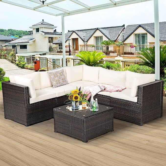 Tangkula 6 Pieces Patio Furniture Set, Outdoor Rattan Sofa Set, Wicker Conversation Set w/Tempered Glass Coffee Table & Cushions, Sectional Sofa Set for Backyard, Garden, Balcony, Poolside (Beige)