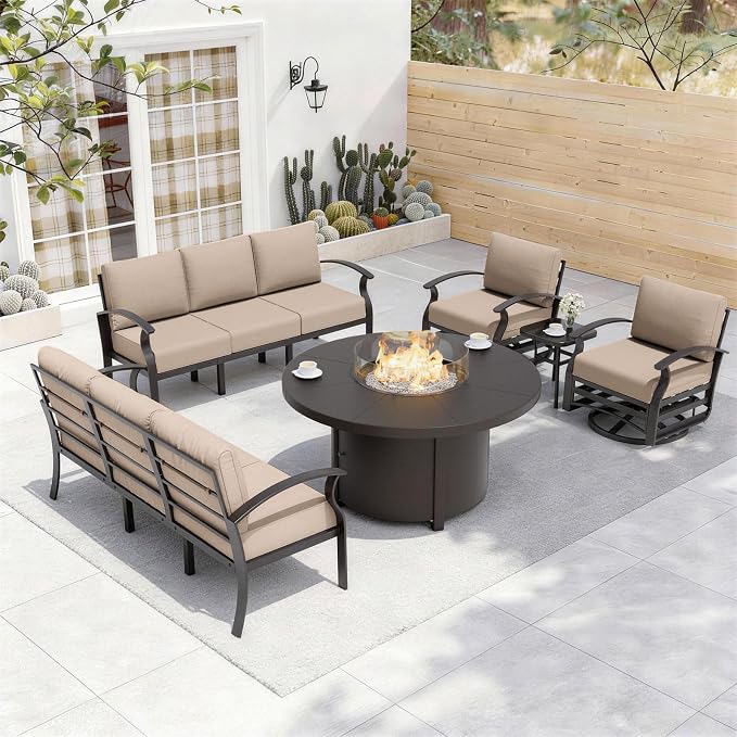 ALAULM Aluminum Patio Furniture Set with Coffee Table Rectangular, 5-seat Outdoor Sectional Furniture w/2 Swivel Chairs, Patio Conversation Set for Porch, Backyard, Poolside-Grey