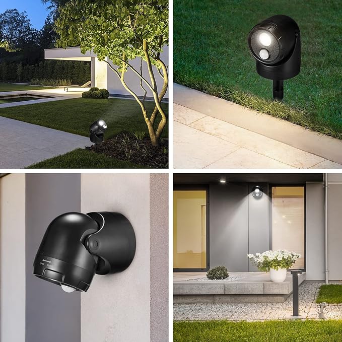 2-in-1 Outdoor Motion Sensor Light, Battery Powered LED Spotlight for Yard Garden Garage, Waterproof Security Landscape Light with Ground Stake & Wall Mount, 450LM, 3 Timer Modes(2 Pack)