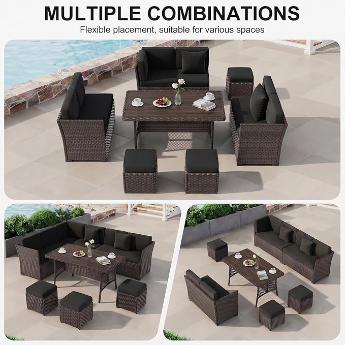 LOUVIXA 7 Pieces Patio Furniture Set, Outdoor Patio Furniture, Wicker Conversation Set with Dining Table, Chairs and Ottoman