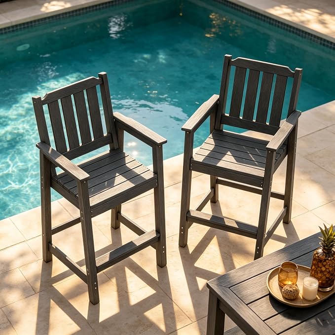 Takywep Set of 2 HDPE Wood Grain Outdoor Bar Stools, 27.7" High Counter Height Chairs with Armrests and Back, Weatherproof Pub Seating for Patio, Balcony, Garden, Deck, Backyard, Dark Grey