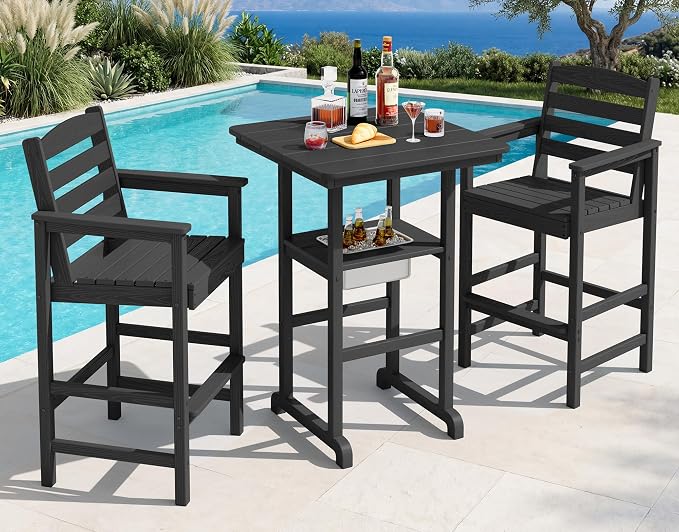 SERWALL Balcony Adirondack Chairs and Table 3 Pieces Set, HDPE Bar Height Chairs Set of 2 and Bar Table with Ice Bucket, Outdoor Bar Stools Set for Bistro, Poolside, Backyard, Black