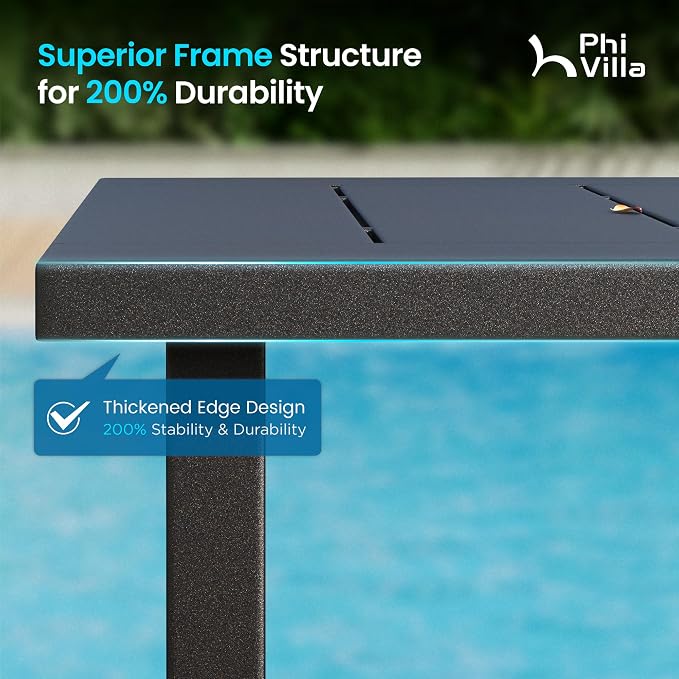 PHI VILLA 34" Outdoor Patio Table for 4, Slatted Wrought Iron Dining Table with Umbrella Hole, Minimalist Outside Metal Furniture for Deck, Porch, Backyard - Black