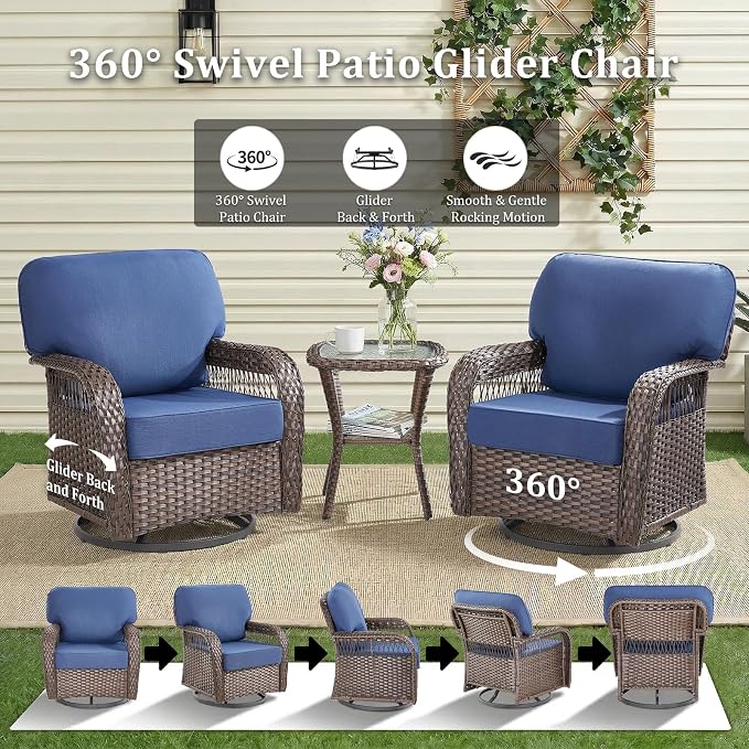 5 PCS Patio Furniture Set Outdoor Sectional Sofa Couch with Rocking Swivel Chairs 5" Deep Seat Chairs, Modern Wicker Rattan Conversation Set, Blue/Brown Wicker