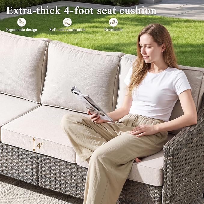 Luxury Patio Furniture sofa Set - 5 Pieces All Weather Wicker Outdoor Couch and High Back Swivel Rocker Patio Chairs with Glass coffee table for Deck Yard and Poolside Gray Wicker | Beige Cushions