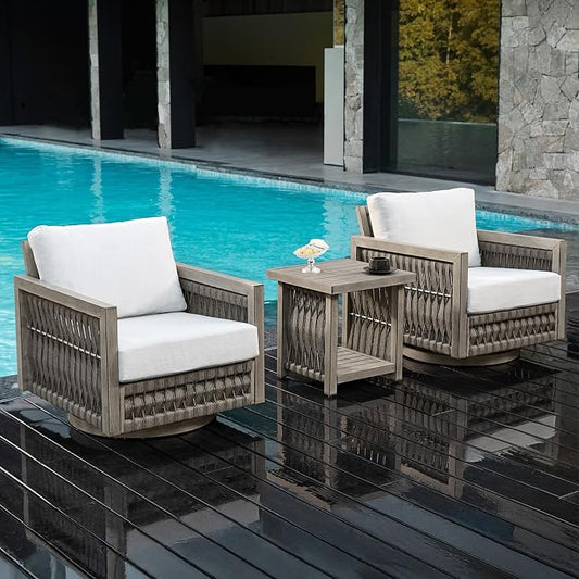 3 Pieces Patio Furniture Set, Outdoor Aluminum Swivel Patio Bistro Set with Washable Cushions, Rope Weave Patio Conversation Set, Outdoor Furniture Set for Garden, Porch, Deck, Pool, Gray Oak