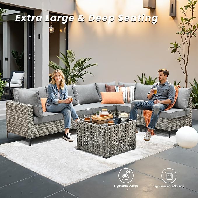 Outdoor Patio Furniture Sets,6 PCS Patio Conversation Set Outside Rattan Sectional Sofa with 42 in Fire Pit Table&Coffee Table Fit Backyard Porch Garden Poolside Balcony