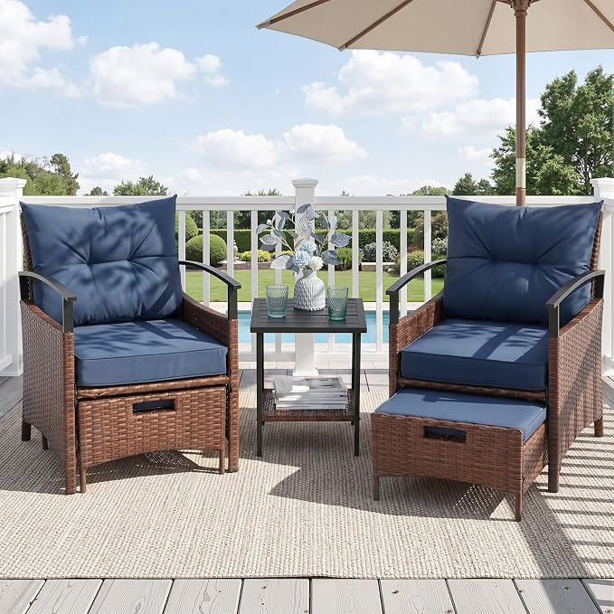 AVAWING 5 PCS Outdoor Rattan Furniture Set, Wicker Conversation Sets W/Metal Coffee Table and Soft Cushions, Patio Chairs with Ottomans for Garden, Porch, Balcony and Deck (Blue)