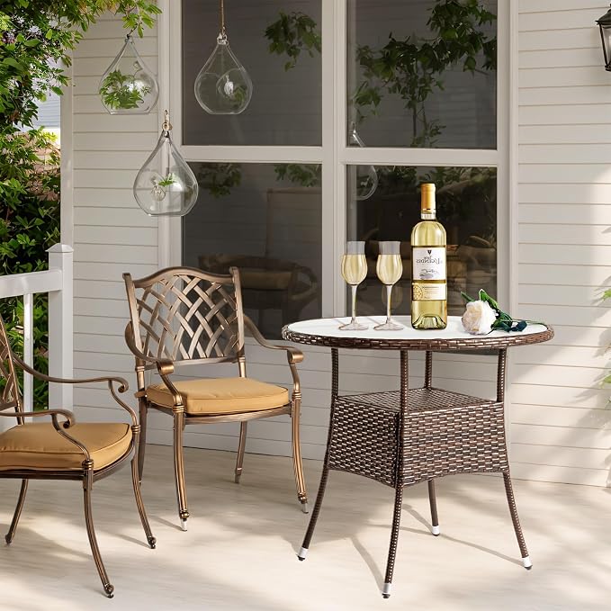 Outvita 31.5" Patio Rattan Dining Table, Frosted Glass Tabletop, Waterproof & Rustproof, Double-Layer Storage, Adjustable Feet, Elegant Brown Outdoor Table, Fits 4-Person Dining