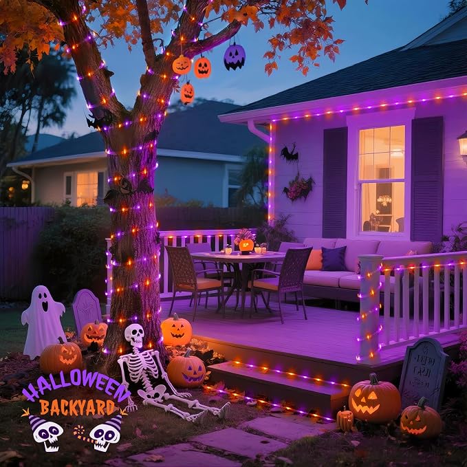 JMEXSUSS 66 ft 200 LED Orange and Purple Halloween Solar Lights | Purple Christmas Rope Lights Outdoor Waterproof, Orange Halloween Lights for Halloween Fall Party Tree Christmas