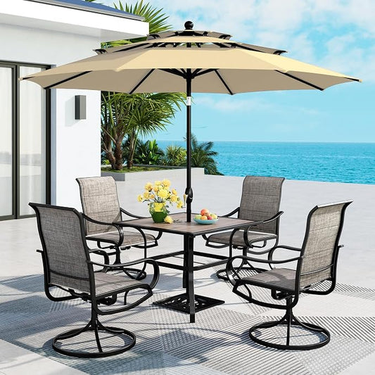 MFSTUDIO Patio Dining Set for 4, Outdoor Furniture Set with Beige Umbrella (Base not Included), Wood-Like Square Table and 4 Swivel Chairs for Patio, Deck, Backyard, Garden