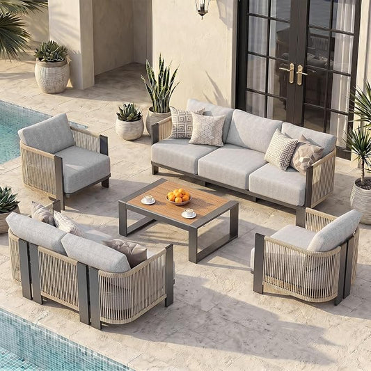Vexwalx Luxury Patio Furniture Set, 5-Piece Curved Outdoor Furnitrue Set with Weather-Resistant Aluminum Frame and 7.1" Thicker Cushion, Woven Rope Patio Conversation Set for Deck, Garden