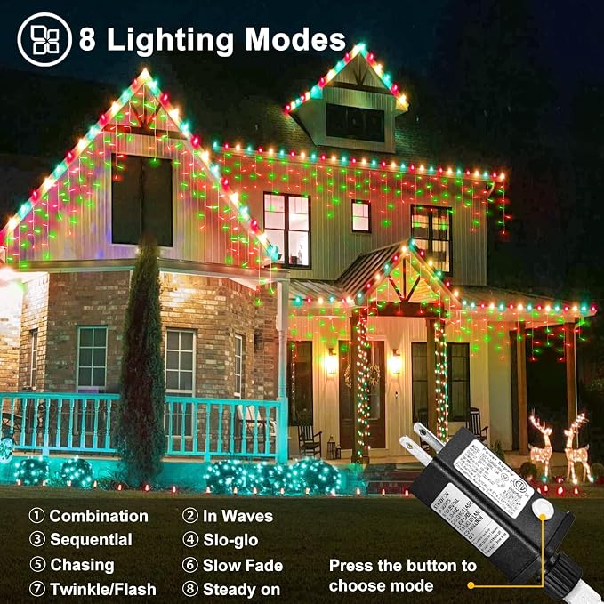 Red and Green Christmas Lights Outdoor Icicle Lights for Outside 66ft 640L | Clear Wire Connectable Twinkle String Lights 8 Modes Timer Waterproof for House Window Party Tree Holiday Patio Home Decor