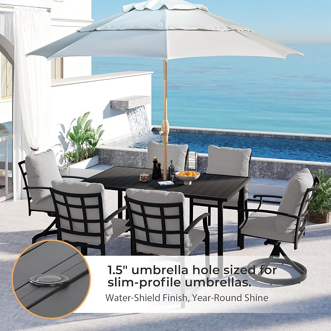 HAPPATIO 7-Piece Patio Dining Set, Outdoor Dining Set with Powder-Coated Metal,Dining Table with Umbrella Hole, 4 Stackable Chairs 2 Swivel Chairs with Removable Cushions for Porch Pool Garden,Grey