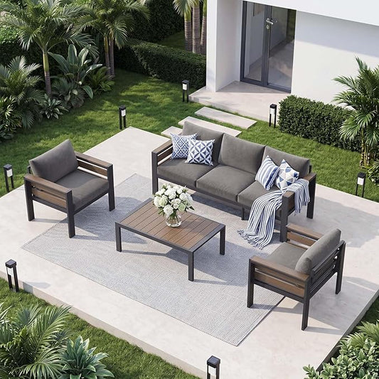 DoCred Aluminum Patio Furniture Set, 4-Piece Modular Patio Conversation Set with Widened Armrests and Thickened Cushions, Metal Outdoor Furniture Set for Porch, Balcony, Deck, Yard, Poolside