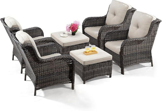 Wicker Chair Set 6 Pieces - Outdoor Wicker Patio Furniture Set with 4 Armchairs and 2 Ottomans, Olefin Cushions Included(Mixed Grey/Beige)