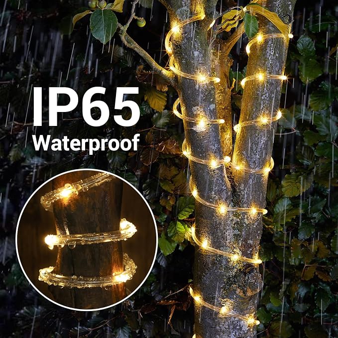 Solar Rope Lights, 2 Packs Total 132ft 400LED Solar String Lights, 8 Modes Waterproof Solar Outdoor Light, Flexible Clear Trampoline Light for Garden Backyard Patio Deck Pool Tree Decor - Warm White