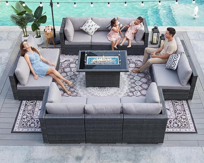 BULEXYARD 11 Piece High Back Outdoor Patio Set with Firepit, Extra Large Backyard Furniture Sectional Couch 10-Seater Modular, XL Big Wide Deep Outside Seating Area for Exterior, Light Grey