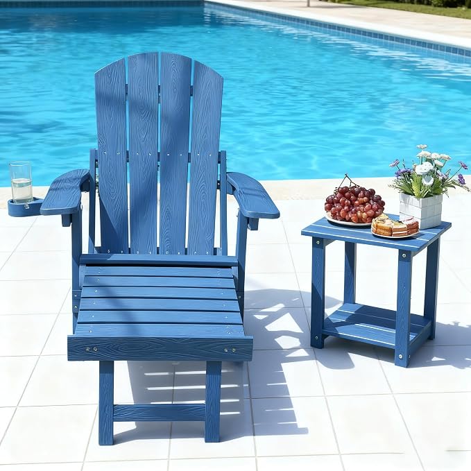 Outdoor Foldable Adirondack Chair with footrest,Patio Recliner,3-Level Adjustable Backrest,Hidden Ottoman,Ergonomic Design,Ideal for Patio,Camping, Pool Use.(Blue)
