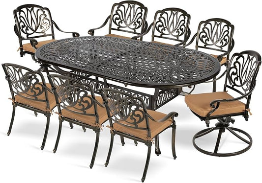 MEETWARM 9-Piece Outdoor Patio Dining Set, All-Weather Cast Aluminum Patio Conversation Set with 2 Swivel Rocker Chairs, 6 Stationary, 1 Oval Table, 8 Cushions, 2" Umbrella Hole