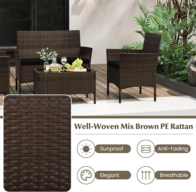 Tangkula 4 Piece Patio Rattan Conversation Set, Outdoor Wicker Furniture Set with Chair, Loveseat & Tempered Glass Table, Cozy Seat Cushions, Outside Sectional Sofa Set for Backyard, Porch (1,Black)