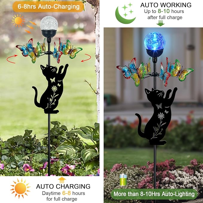 Solar Lights Yard Stake-Butterfly Wind Spinner,Metal Black Cat Garden Decor | Color Changing LED for Patio,Pathway,Lawn,Walkway,Outdoor Decorative