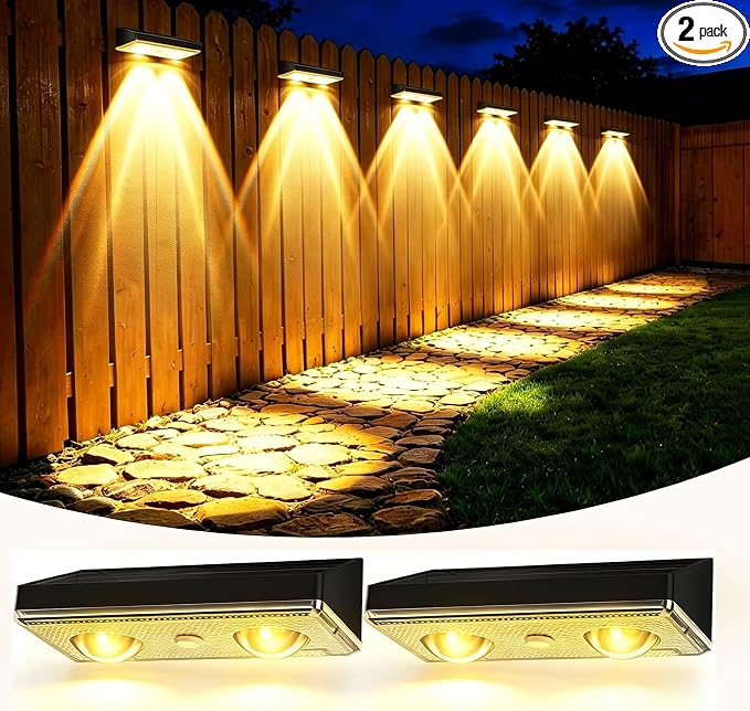 Solar Fence Lights Outdoor, 2 Pack Fence Lights Solar Powered | 85LM Solar Lights, 9 RGB Color Modes, IP65 Waterproof, 12H Dusk to Dawn Glow for Pool/Deck/Patio/Wall/Backyard - Matte Black