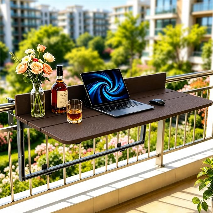 Foldable Balcony Bar Table for Railings, Folding Hanging Deck Rail Table for Small Apartment Patio,Outdoor Garden, 5-Level Adjustable Height, Rustproof,Weather Resistant, Easy Assembly