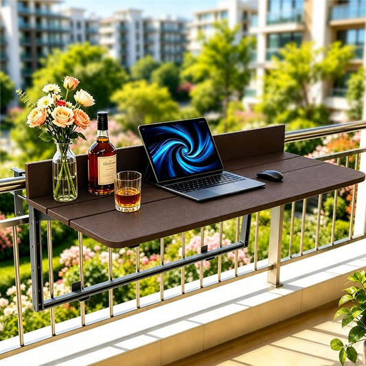 Foldable Balcony Bar Table for Railings, Folding Hanging Deck Rail Table for Small Apartment Patio,Outdoor Garden, 5-Level Adjustable Height, Rustproof,Weather Resistant, Easy Assembly
