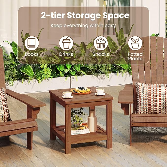 2 Pieces Adirondack Side Table, 2-Tier Square Wood Patio End Tables with Slatted Tabletop Storage Shelf, Accent Small Side Table Indoor Outdoor for Garden, Backyard, Porch & Living Room