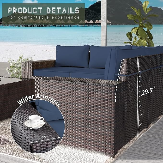 10 PCS Outdoor Patio Furniture Set,Outdoor Sectional Furniture with 43" 55000 BTU Gas Propane Fire Pit Table,PE Rattan Wicker Patio Conversation Set,Swivel Rocking Chairs Set,Navy Blue