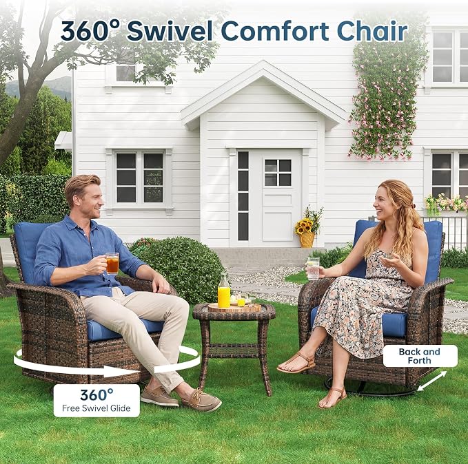 LazySunsets Luxury 12-Piece Patio Furniture Set with 44'' Fire Pit Table, 360° Swivel Chairs, Wicker Rattan Sofa & Thick Cushions, Outdoor Conversation Set for Backyard, Poolside, Brown/Navy Blue
