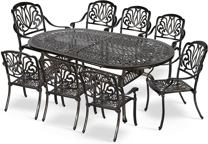 MEETWARM 9-Piece Outdoor Patio Dining Set, 8 Outdoor Dining Chairs and 1 Oval Table with 2" Umbrella Hole, All Weather Cast Aluminum Patio Funiture Set for Backyard, Patio, Garden