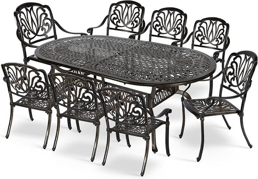 MEETWARM 9-Piece Outdoor Patio Dining Set, 8 Outdoor Dining Chairs and 1 Oval Table with 2" Umbrella Hole, All Weather Cast Aluminum Patio Funiture Set for Backyard, Patio, Garden