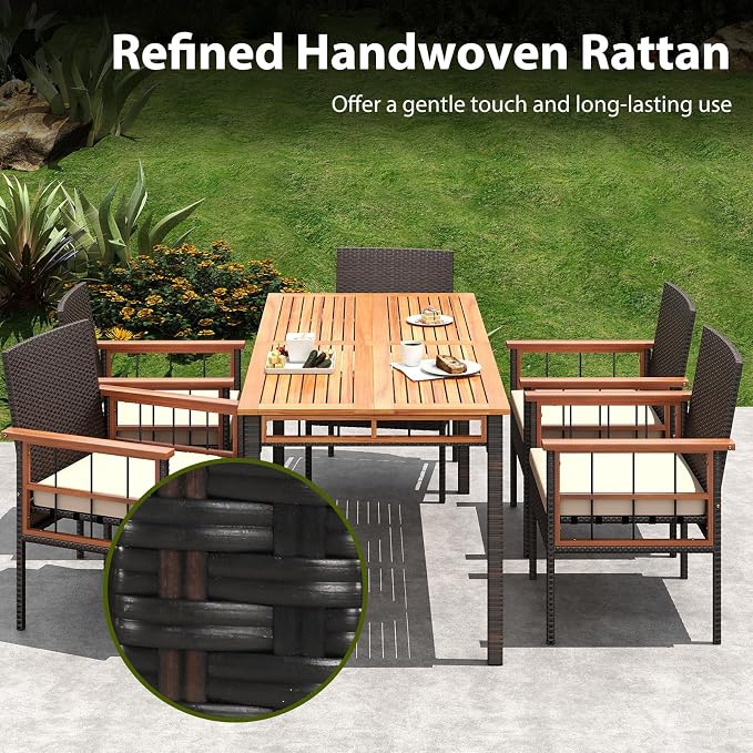 HAPPYGRILL Acacia Wood Outdoor Dining Table 63", 4-6 Person Rectangular Metal Patio Table with Umbrella Hole and Rattan Legs, Slatted Outdoor Furniture for Garden, Poolside, Backyard and Deck