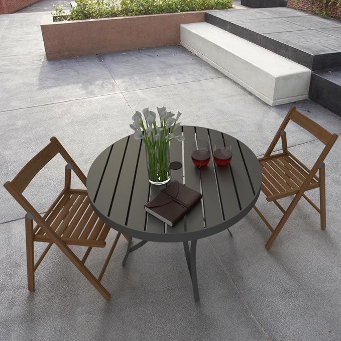 Four Seasons Courtyard Palermo Aluminum Slat Top Dining Table with Umbrella Hole and C Spring for Kitchen and Dining Room Tables, Gray