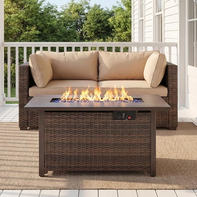 3 Pieces Patio Furniture Set with Fire Pit Table, Outdoor PE Rattan Sectional Sofa with Soft Cushions for Backyard, Porch, and Poolside (Beige, 3 PCS w/Firepit)