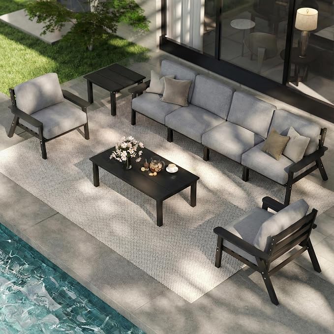 8 Piece Patio Furniture Set, HDPE Outdoor Sectional with Gray Washable Thick Cushions, Coffee Table & Side Table, Patio Conversation Sets for Lawn, Garden, Porch, Balcony (Black Frame)