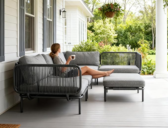 Crestlive Products Outdoor Patio Furniture Set, 6 Seater Modular Oversized Patio Conversation Set with Cushions, Modern Metal Sectional Outdoor Couch for Backyard, Deck, Porch, or Poolside, Dark Grey